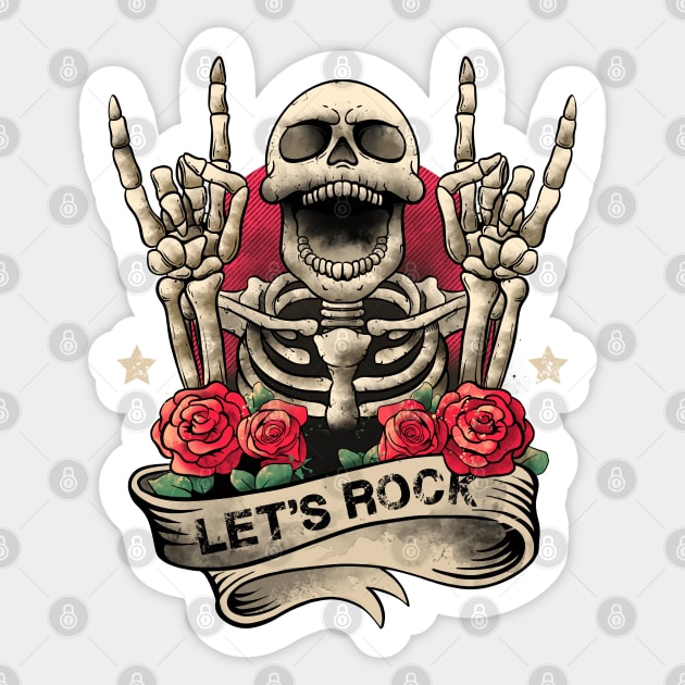 Lets Rock Rock&Roll Skeleton Hand Vintage Retro Rock Concert Sticker by MerchBeastStudio